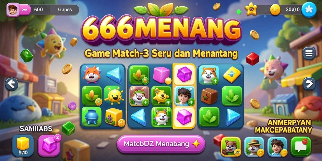 Screenshot gameplay 666MENANG dengan kombinasi permata berwarna-warni.