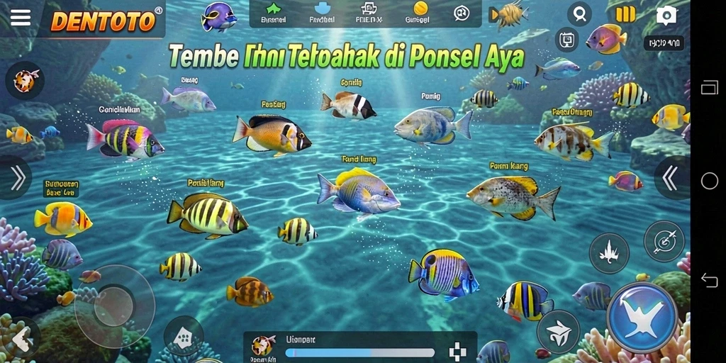 Gameplay seru DENTOTO dengan berbagai ikan dan senjata.