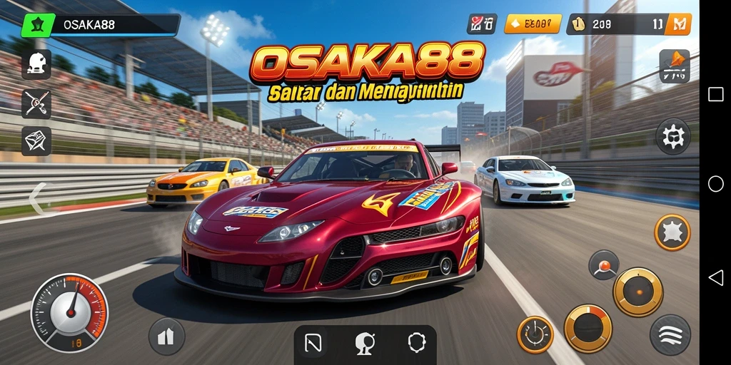 Screenshot gameplay OSAKA88 menunjukkan aksi balap yang mendebarkan.