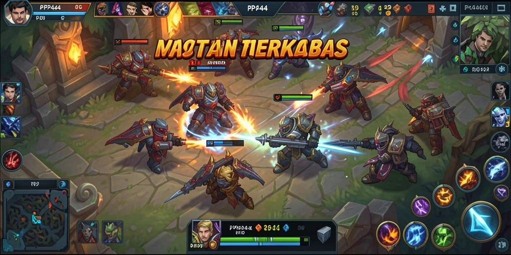Screenshot gameplay PP444 menampilkan pertempuran seru antara tim di arena.