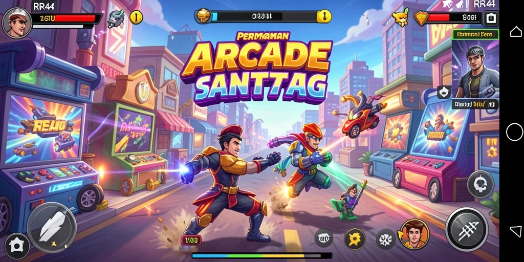 Screenshot gameplay RR44 yang menunjukkan aksi menegangkan dan grafis warna-warni.