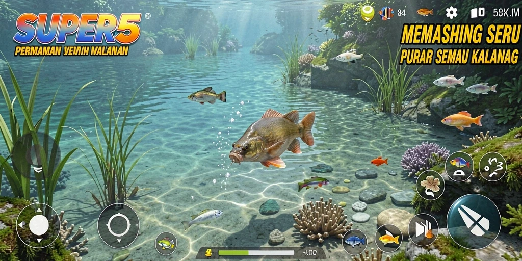 Tampilan gameplay <strong>SUPER5</strong> yang menampilkan suasana memancing yang seru.