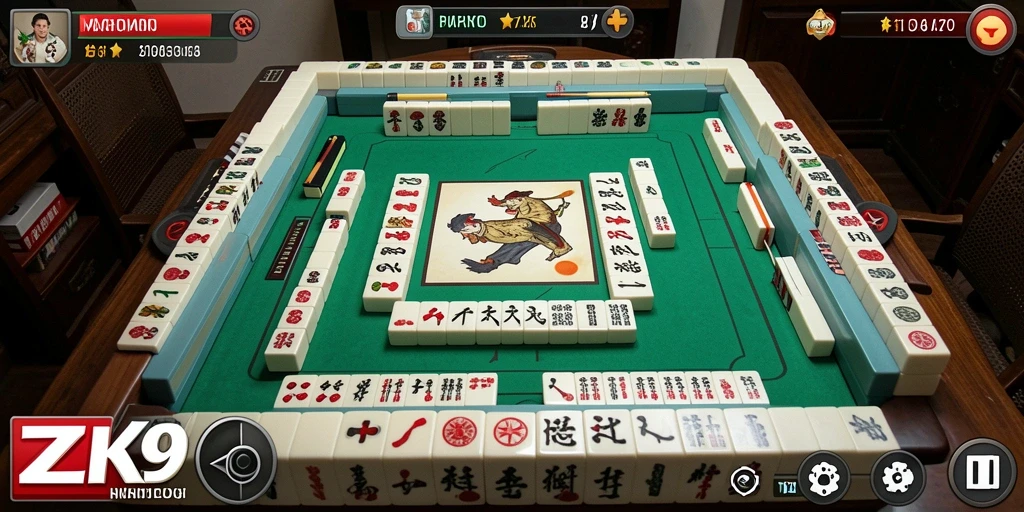 Tampilan gameplay ZK9 menampilkan ubin Mahjong yang berwarna-warni dan tata letak papan permainan.